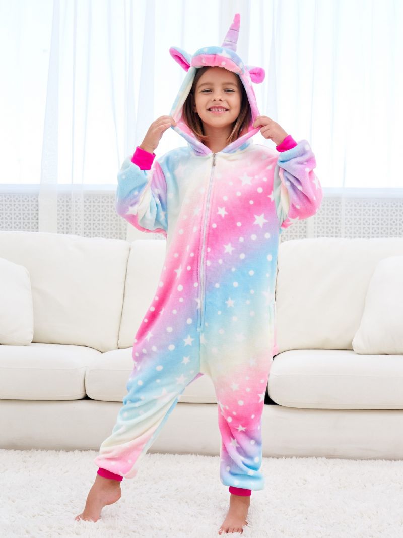 Sød Piger Fleece Thermal Rainbow Unicorn Hættepyjamas Til Hjemmefest