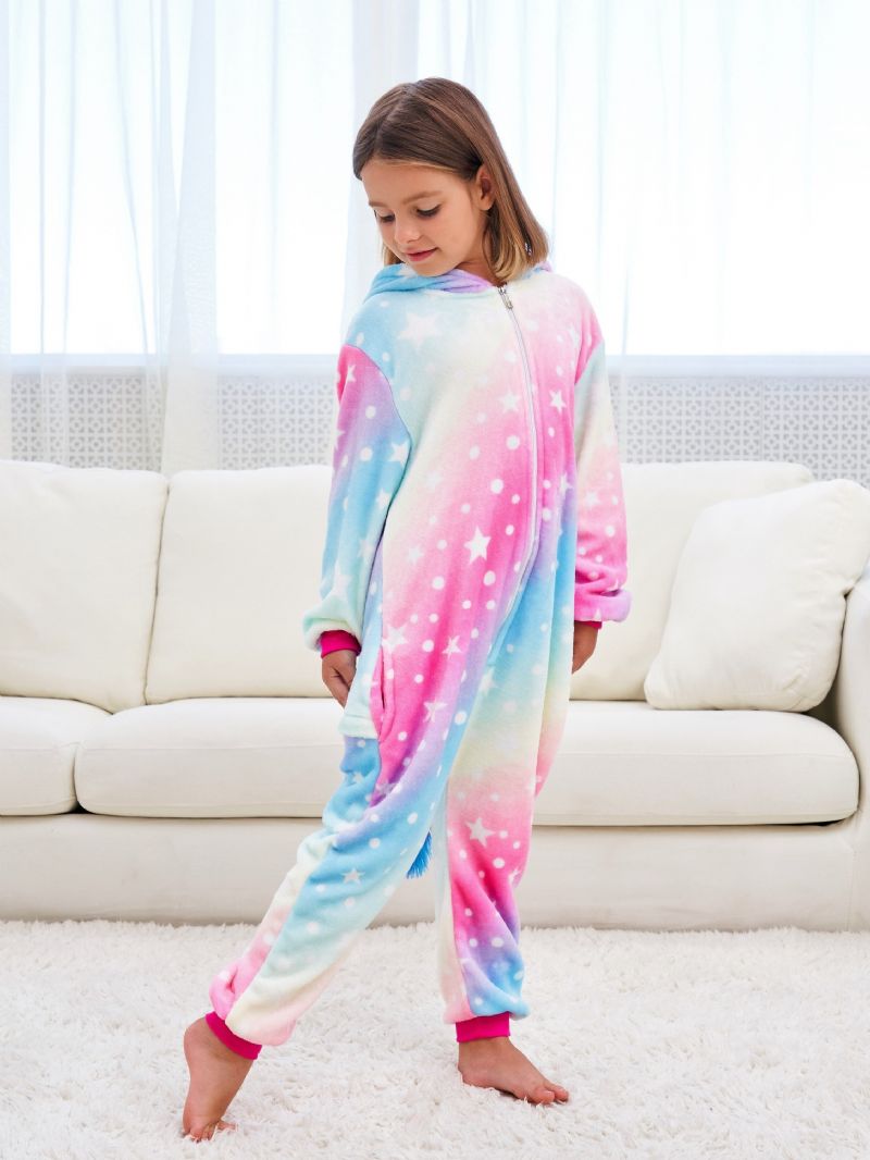 Sød Piger Fleece Thermal Rainbow Unicorn Hættepyjamas Til Hjemmefest