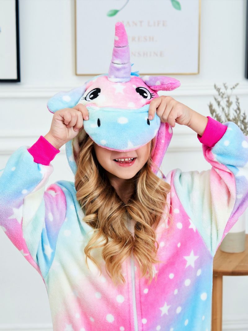 Sød Piger Fleece Thermal Rainbow Unicorn Hættepyjamas Til Hjemmefest