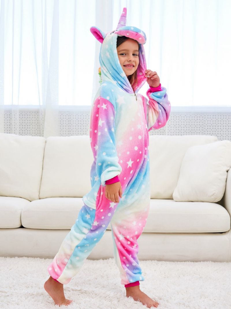 Sød Piger Fleece Thermal Rainbow Unicorn Hættepyjamas Til Hjemmefest