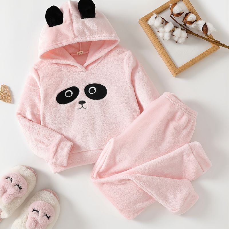 Søde Piger Tegneserie Panda Mønster Flannel Hættepyjamas Sæt Pink