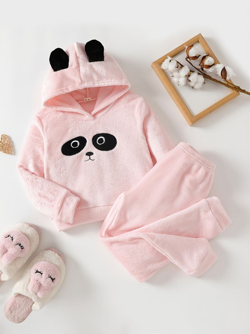 Søde Piger Tegneserie Panda Mønster Flannel Hættepyjamas Sæt Pink