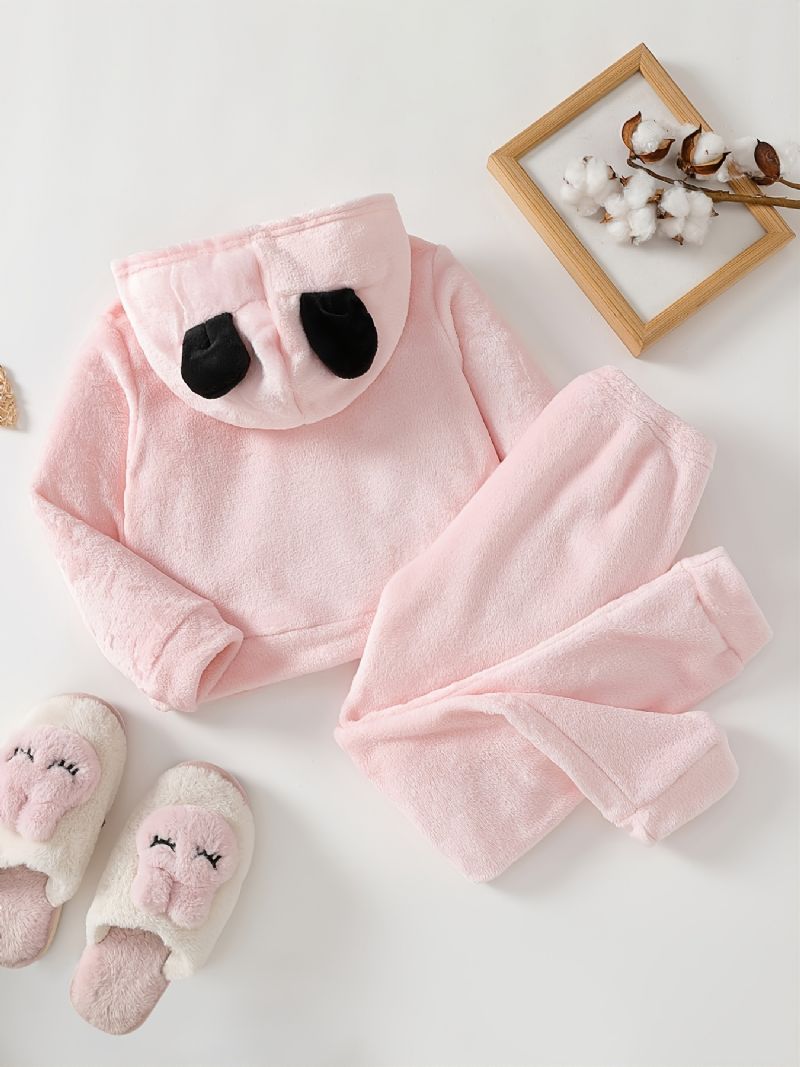 Søde Piger Tegneserie Panda Mønster Flannel Hættepyjamas Sæt Pink