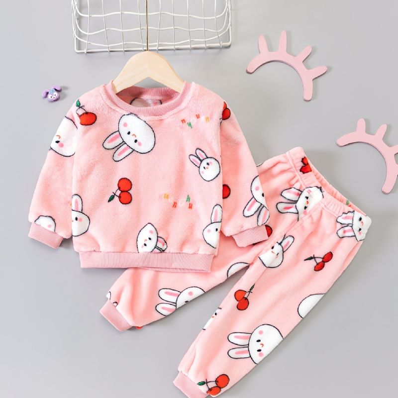 Toddler Baby Plys Pyjamas Familie Outfit Kanin Print Rund Hals Langærmet Top & Bukser Sæt Til Piger Børne Tøj