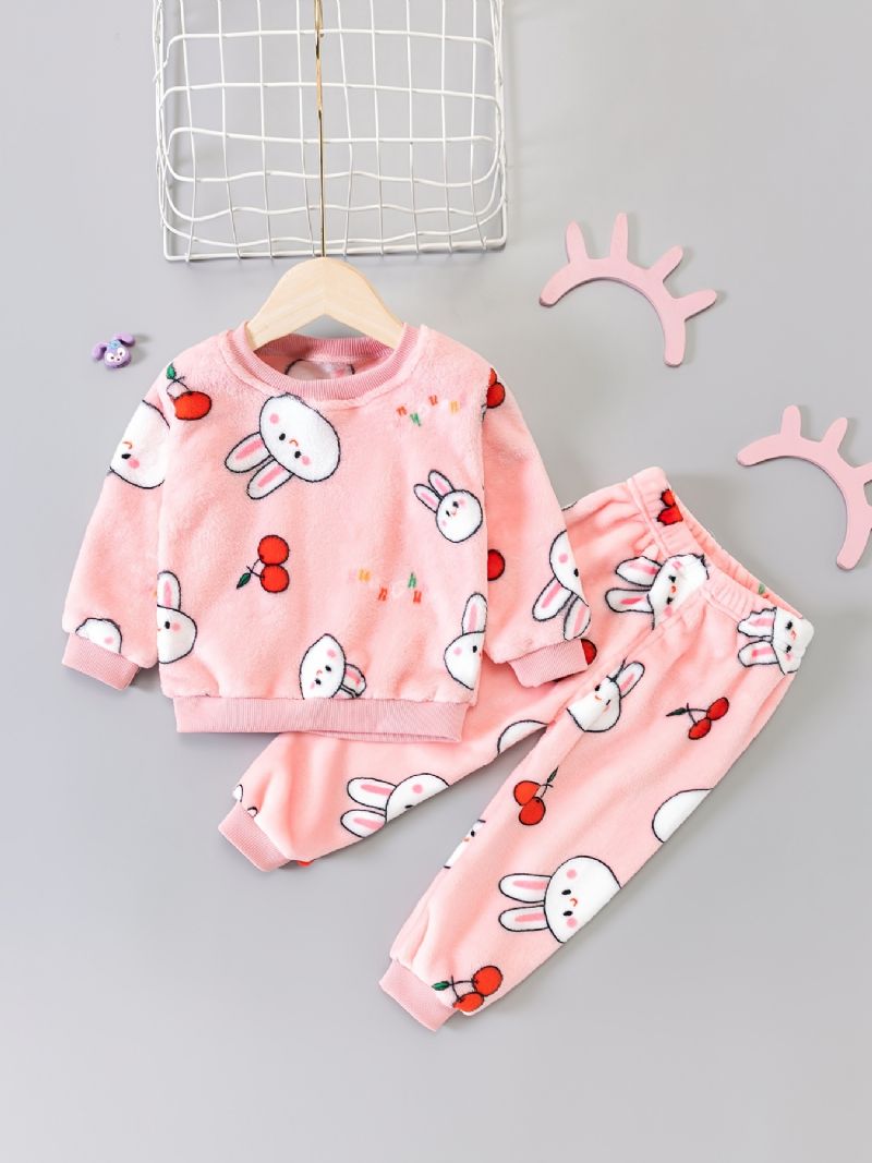 Toddler Baby Plys Pyjamas Familie Outfit Kanin Print Rund Hals Langærmet Top & Bukser Sæt Til Piger Børne Tøj