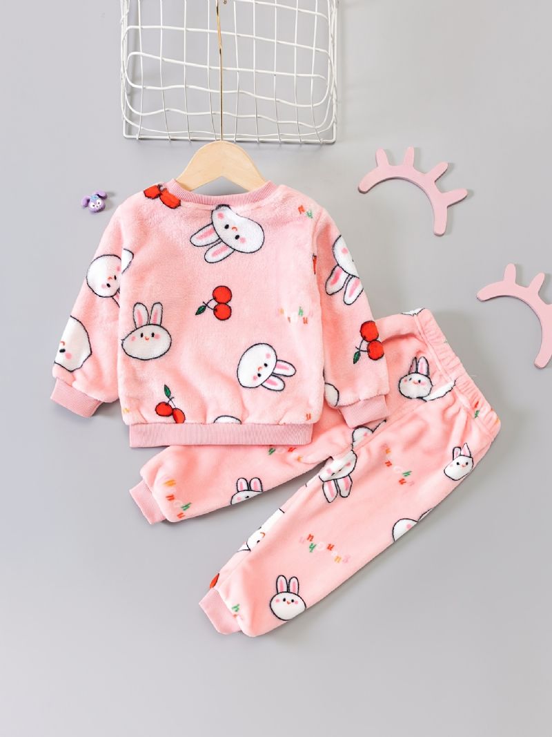 Toddler Baby Plys Pyjamas Familie Outfit Kanin Print Rund Hals Langærmet Top & Bukser Sæt Til Piger Børne Tøj