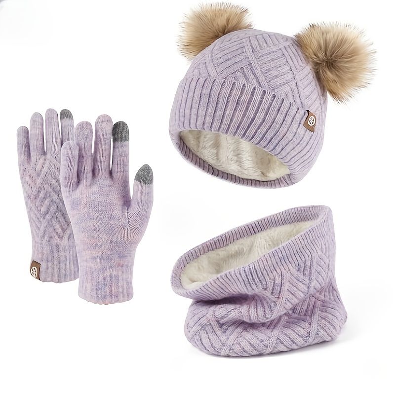 3 Stk Baby Beanie Hatte Tørklæde Handsker Sæt Spædbørn Småbørn Vinter Varm Strik Hue Med Pom Poms & & Til Drenge Piger