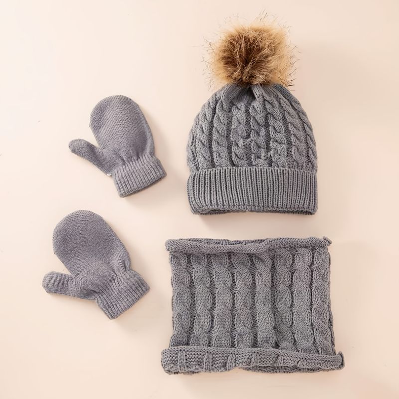 3stk Baby Beanie Hatte Tørklæde Handsker Sæt Spædbørn Småbørn Vinter Varm Strik Kasket Med Pom Poms & Vanter & Til Drenge Piger