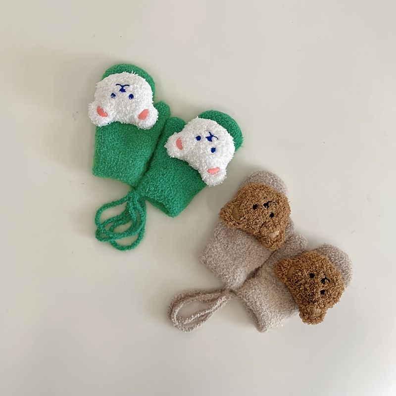 Baby Varme Plys Vanter Vinter Sød Bear Decor Strikkede Handsker Med Reb Til Drenge Piger