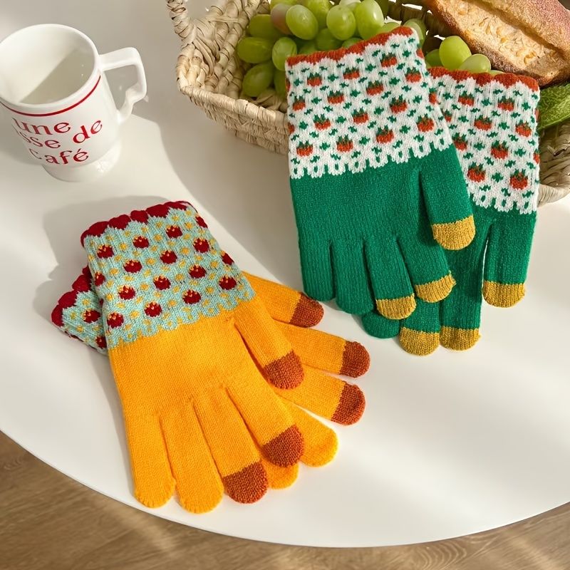 Piger Casual Strikkede Handsker Med Blomsterprint Termisk Komfortable Color Block Til Vinter