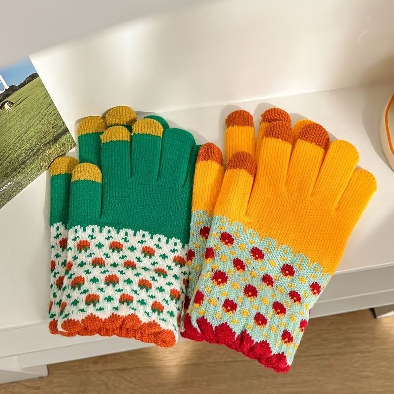 Piger Casual Strikkede Handsker Med Blomsterprint Termisk Komfortable Color Block Til Vinter