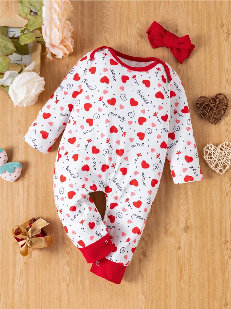 2 Stk Baby Piger Hjerte Print Langærmet Jumpsuit Romper & Pandebånd Sæt Tøj