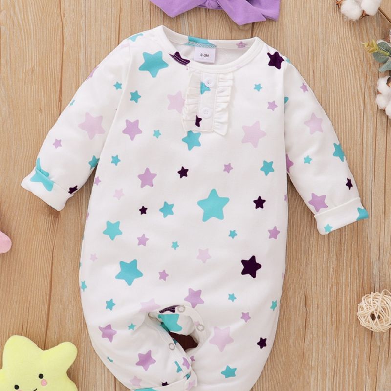 2 Stk Piger Little Star Print Langærmet Jumpsuit & Headpiece