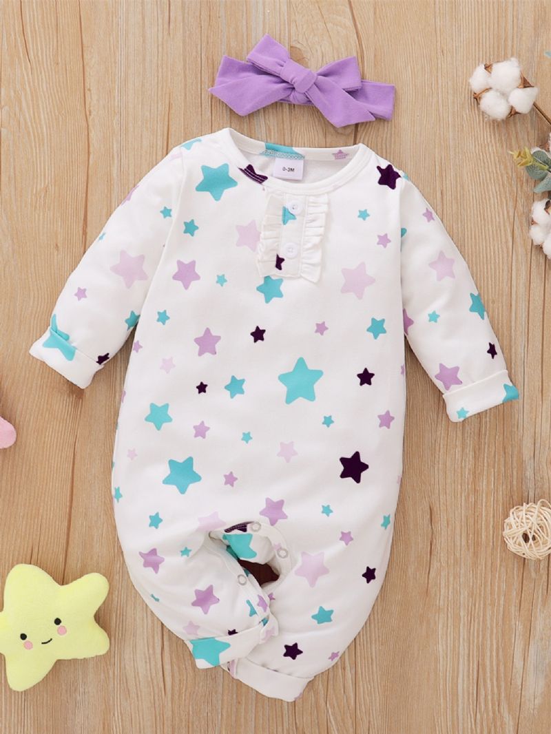 2 Stk Piger Little Star Print Langærmet Jumpsuit & Headpiece