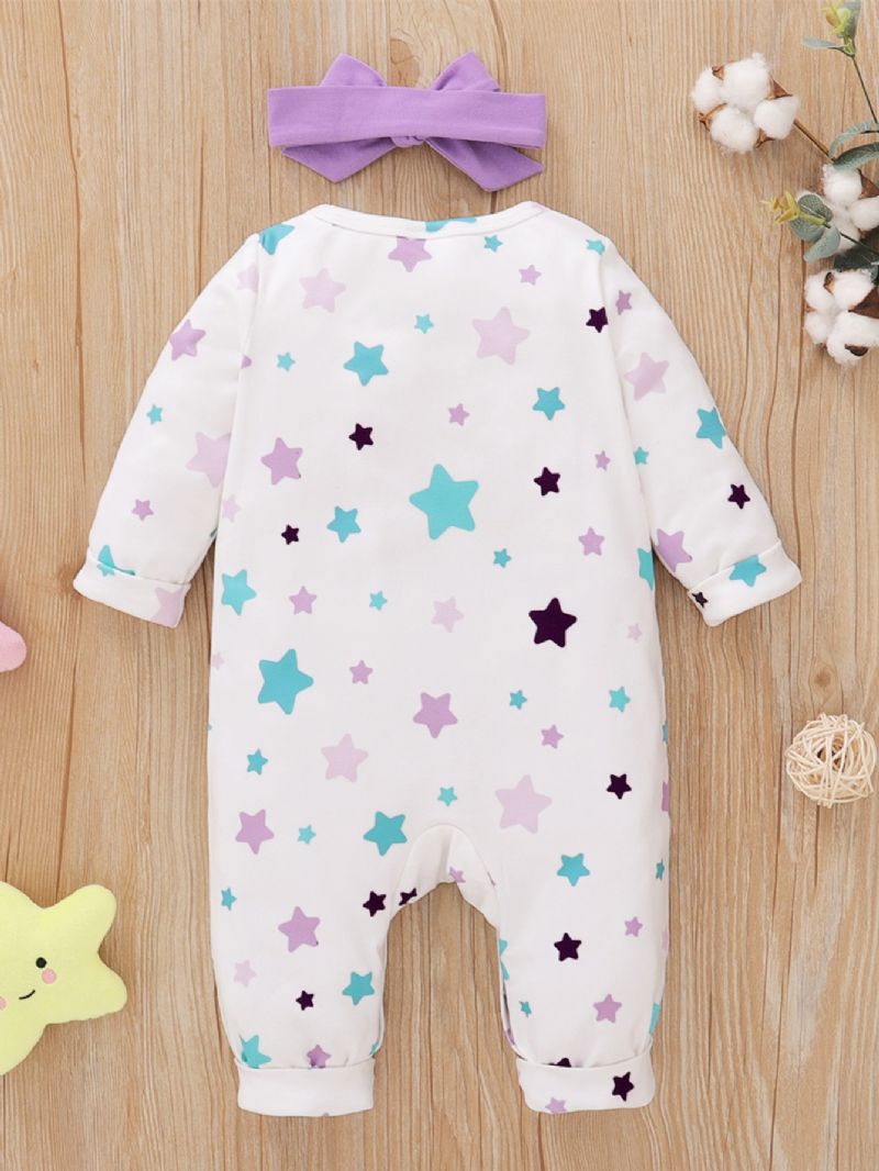 2 Stk Piger Little Star Print Langærmet Jumpsuit & Headpiece