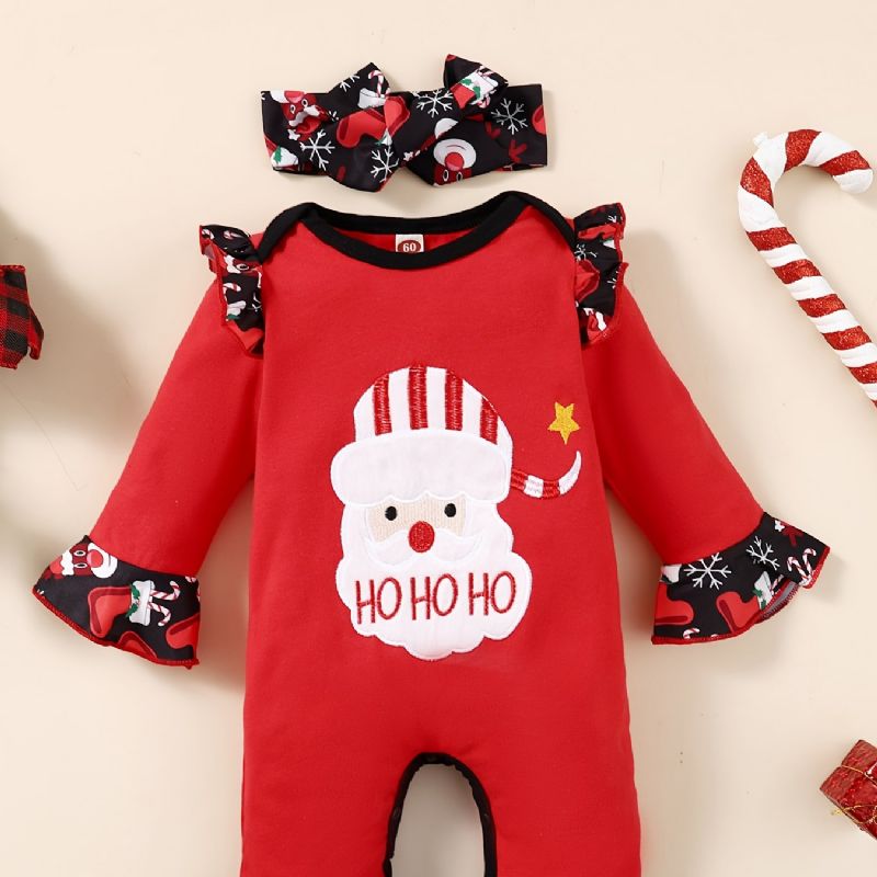 2 Stk. Toddler Baby Christmas Santa Claus Broderet Jumpsuit Romper & Hårbånd Sæt Til Piger