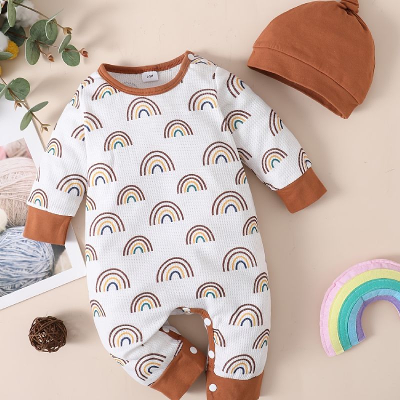 2 Stk. Toddler Baby Jumpsuit Regnbue Print Langærmet Romper & Hatte Sæt Til Drenge Piger