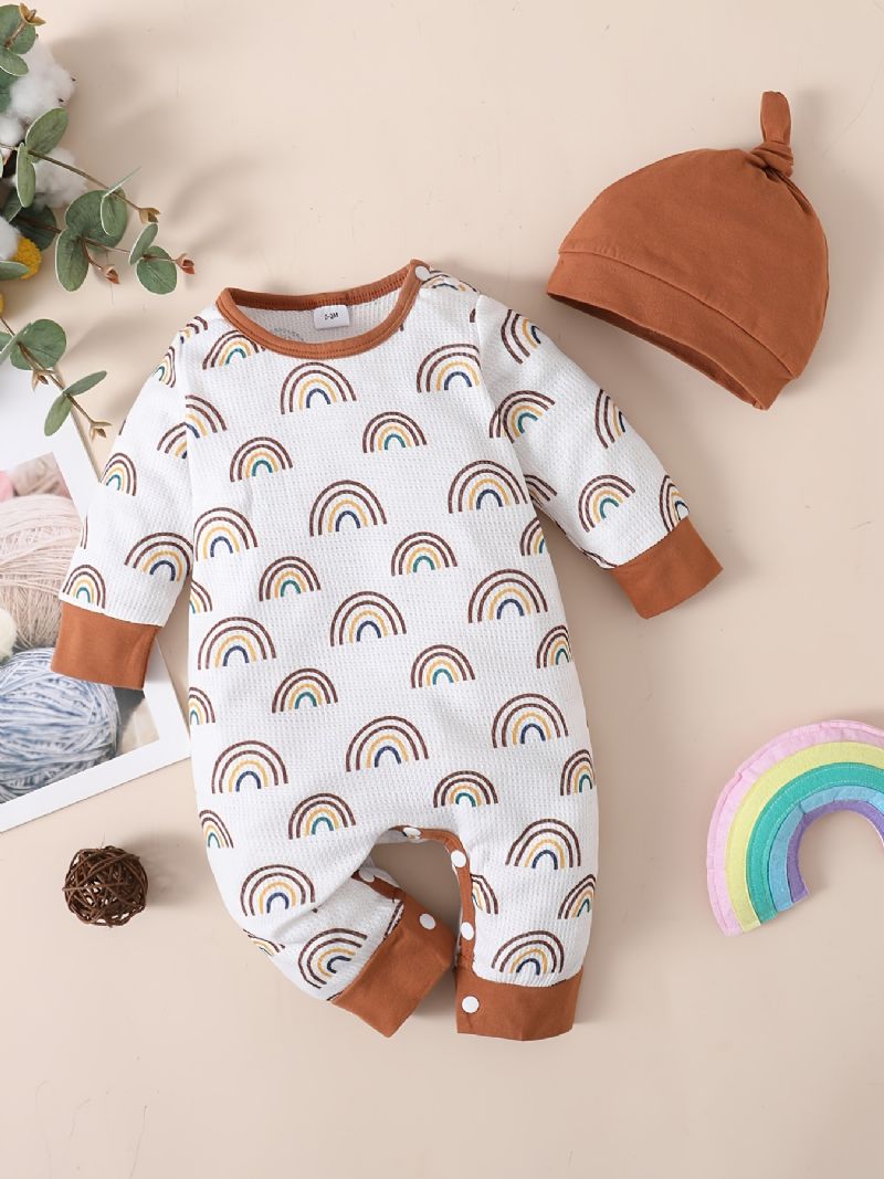 2 Stk. Toddler Baby Jumpsuit Regnbue Print Langærmet Romper & Hatte Sæt Til Drenge Piger