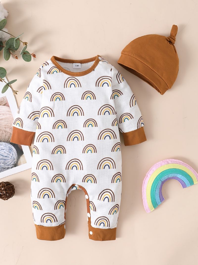 2 Stk. Toddler Baby Jumpsuit Regnbue Print Langærmet Romper & Hatte Sæt Til Drenge Piger