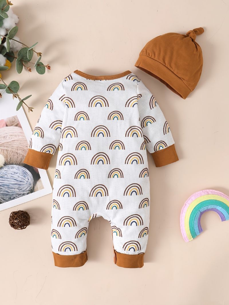 2 Stk. Toddler Baby Jumpsuit Regnbue Print Langærmet Romper & Hatte Sæt Til Drenge Piger