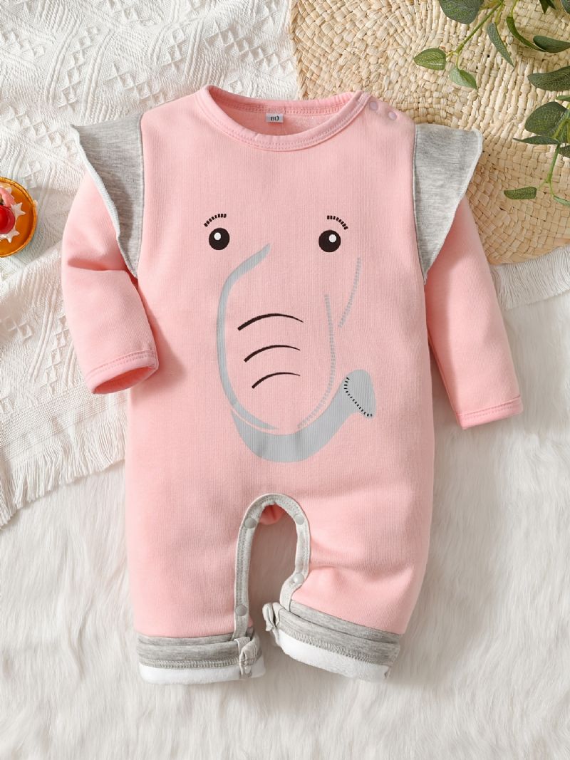 Baby Drenge Og Piger Casual Langærmet Termisk Bukse Sød Tegneserie Elefant Print Jumpsuit Til Vinter Pink