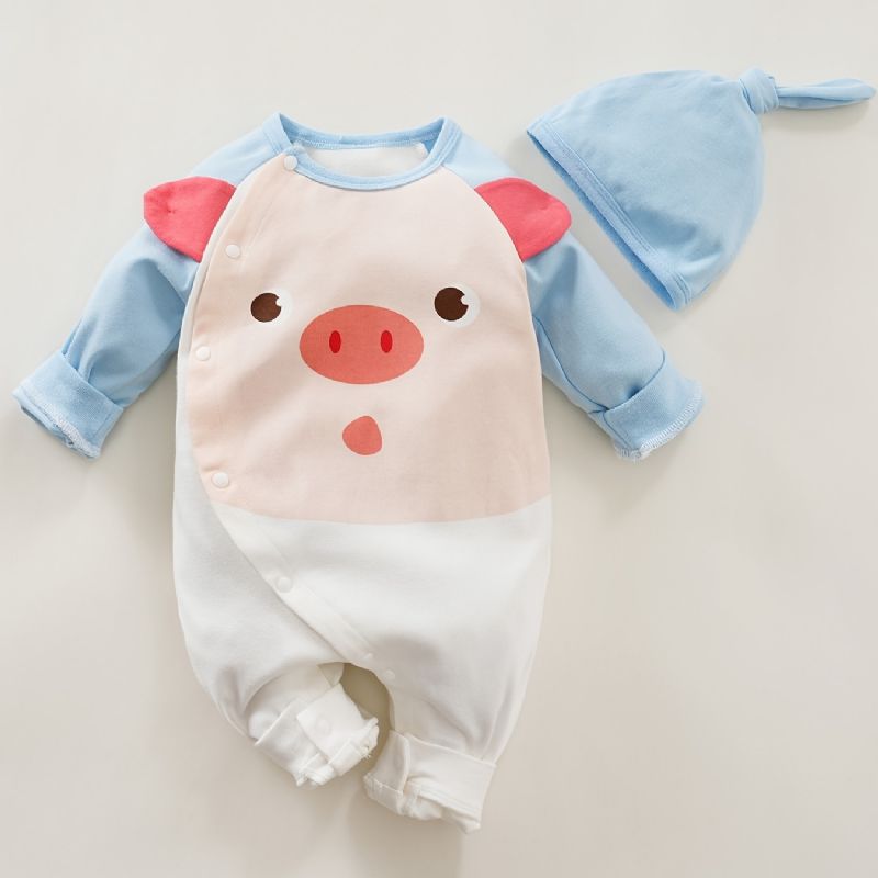 Baby Drenge Piger Jumpsuits Med Piggy Design & Hatte Sæt