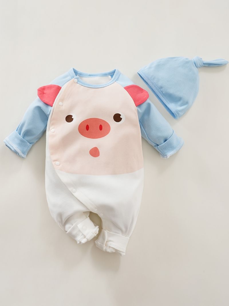 Baby Drenge Piger Jumpsuits Med Piggy Design & Hatte Sæt