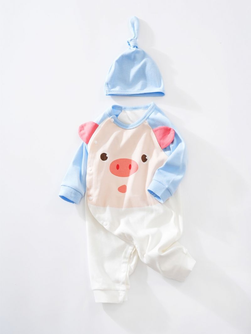 Baby Drenge Piger Jumpsuits Med Piggy Design & Hatte Sæt