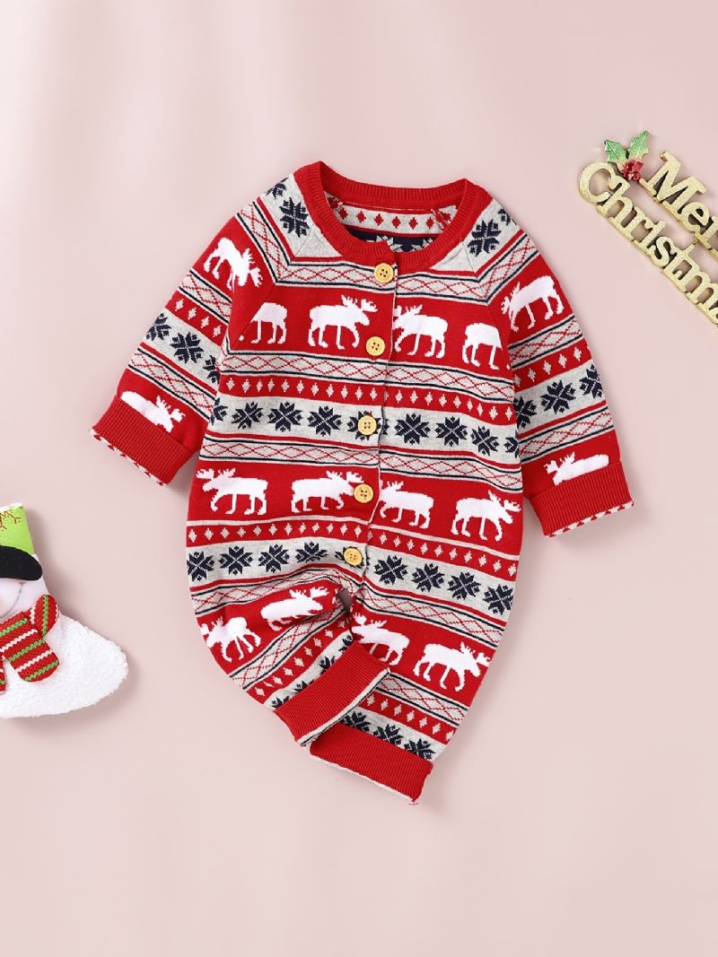 Baby One Piece Sweater Langærmet Strik Jumpsuit Romper Med Elk Mønster Til Vinter Juletøj