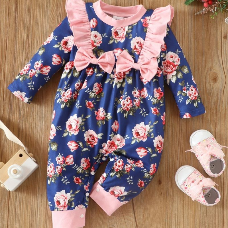 Baby Pige Blomsterprint Sløjfe Blonder Trim Jumpsuit