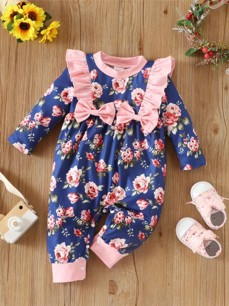 Baby Pige Blomsterprint Sløjfe Blonder Trim Jumpsuit