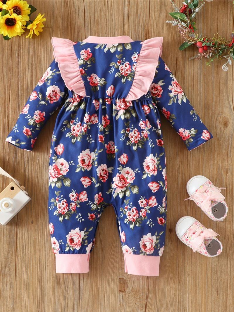 Baby Pige Blomsterprint Sløjfe Blonder Trim Jumpsuit