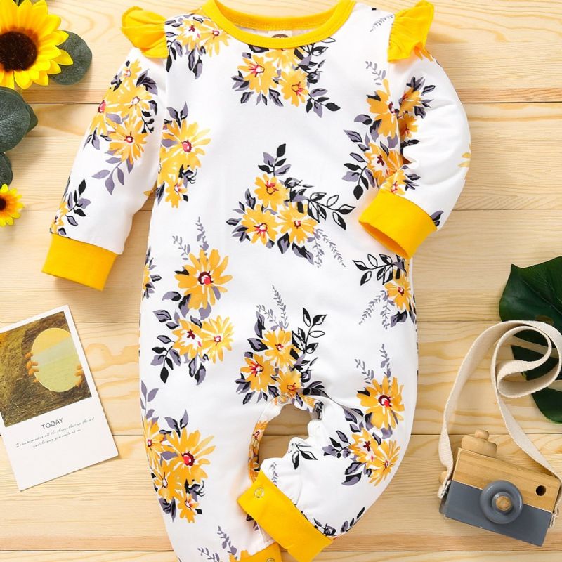 Baby Pige Blomsterprintet Mønster Kontrast Trim Jumpsuit