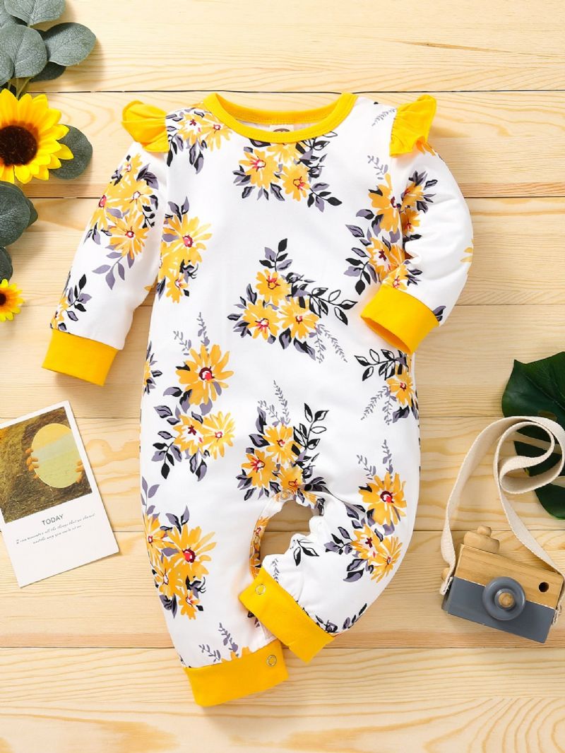 Baby Pige Blomsterprintet Mønster Kontrast Trim Jumpsuit