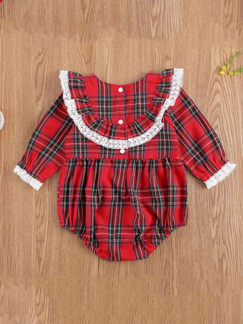 Baby Pige Jul Romper Langærmet Rød Plaid Flæse Blonde Jumpsuit