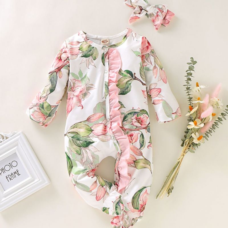 Baby Pige Lange Ærmer Rund Hals Blomsterprint Jumpsuit Dækket Hem Med Hovedbeklædning