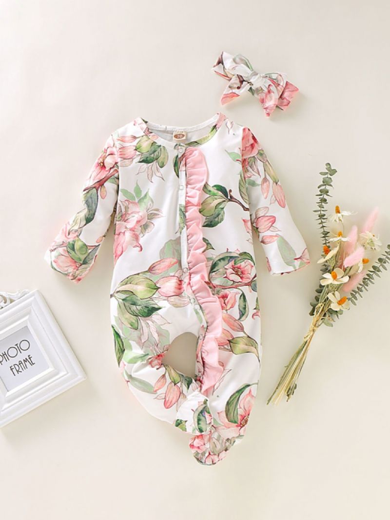 Baby Pige Lange Ærmer Rund Hals Blomsterprint Jumpsuit Dækket Hem Med Hovedbeklædning