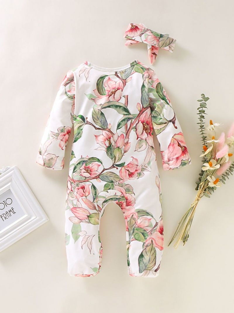 Baby Pige Lange Ærmer Rund Hals Blomsterprint Jumpsuit Dækket Hem Med Hovedbeklædning