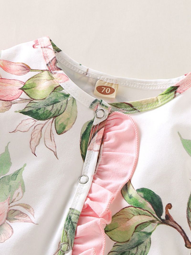 Baby Pige Lange Ærmer Rund Hals Blomsterprint Jumpsuit Dækket Hem Med Hovedbeklædning