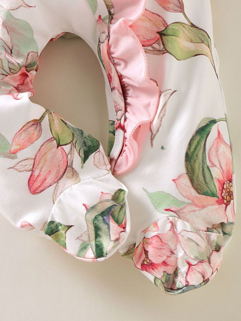 Baby Pige Lange Ærmer Rund Hals Blomsterprint Jumpsuit Dækket Hem Med Hovedbeklædning