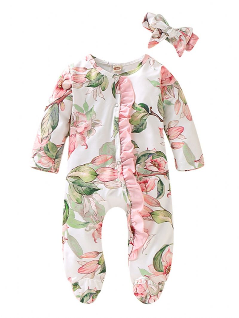 Baby Pige Lange Ærmer Rund Hals Blomsterprint Jumpsuit Dækket Hem Med Hovedbeklædning