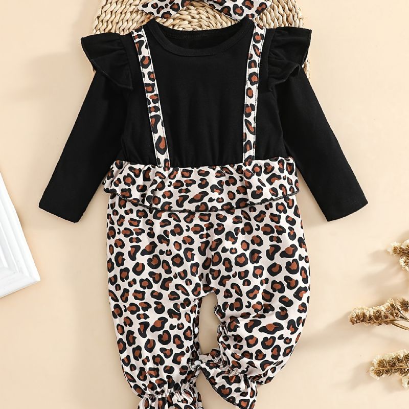 Baby Piger Flæse Langærmet Patchwork Jumpsuit Med Leopard Print Babytøj