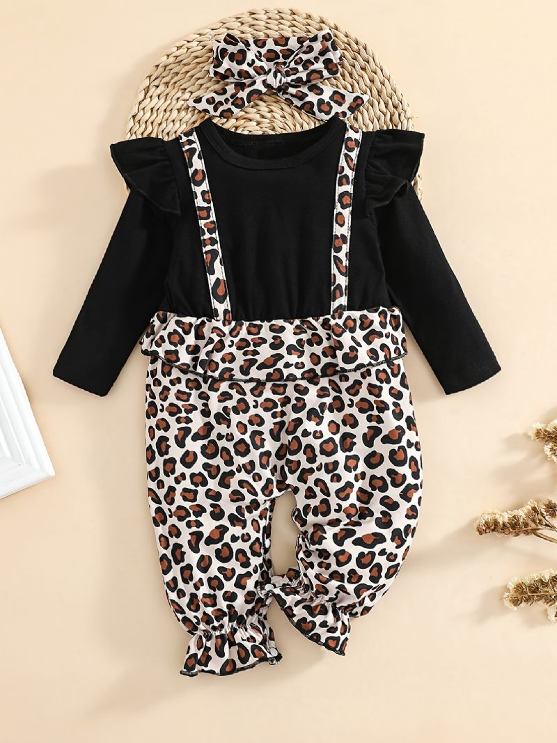 Baby Piger Flæse Langærmet Patchwork Jumpsuit Med Leopard Print Babytøj