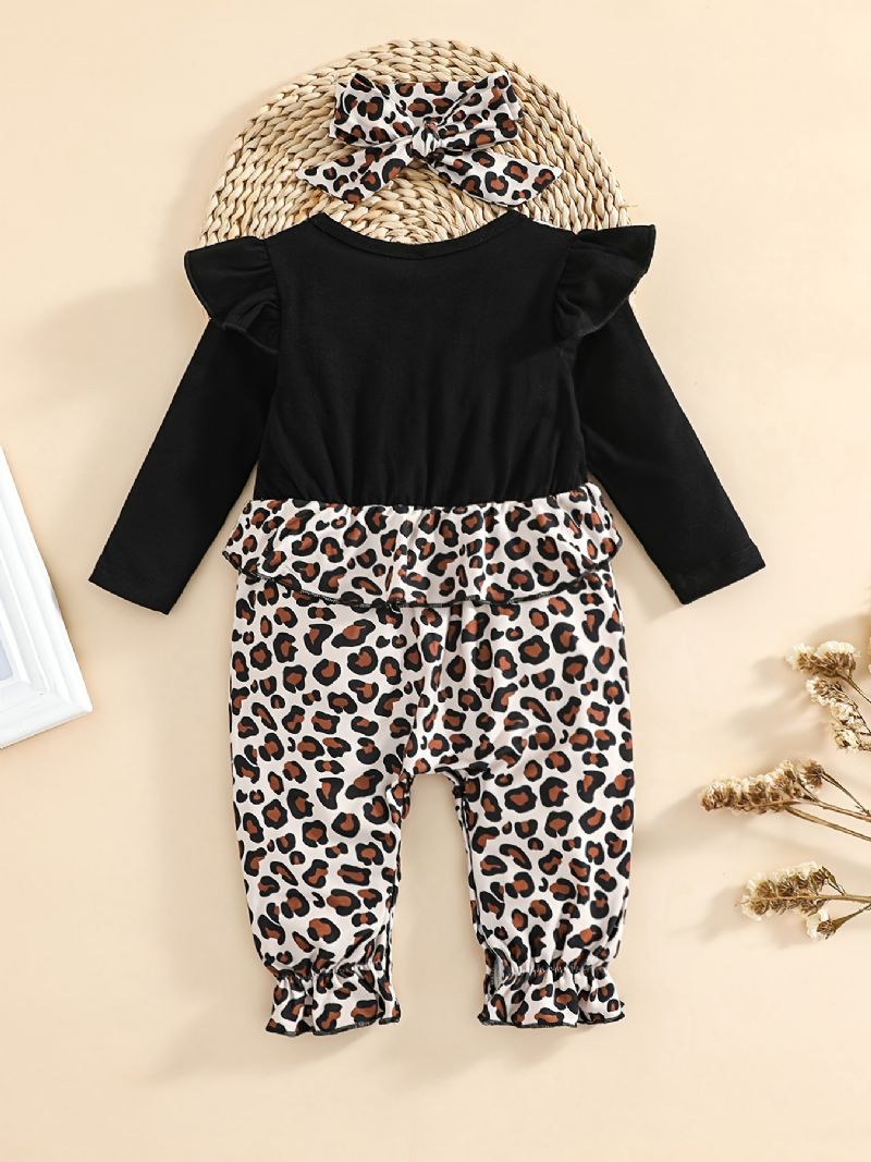 Baby Piger Flæse Langærmet Patchwork Jumpsuit Med Leopard Print Babytøj