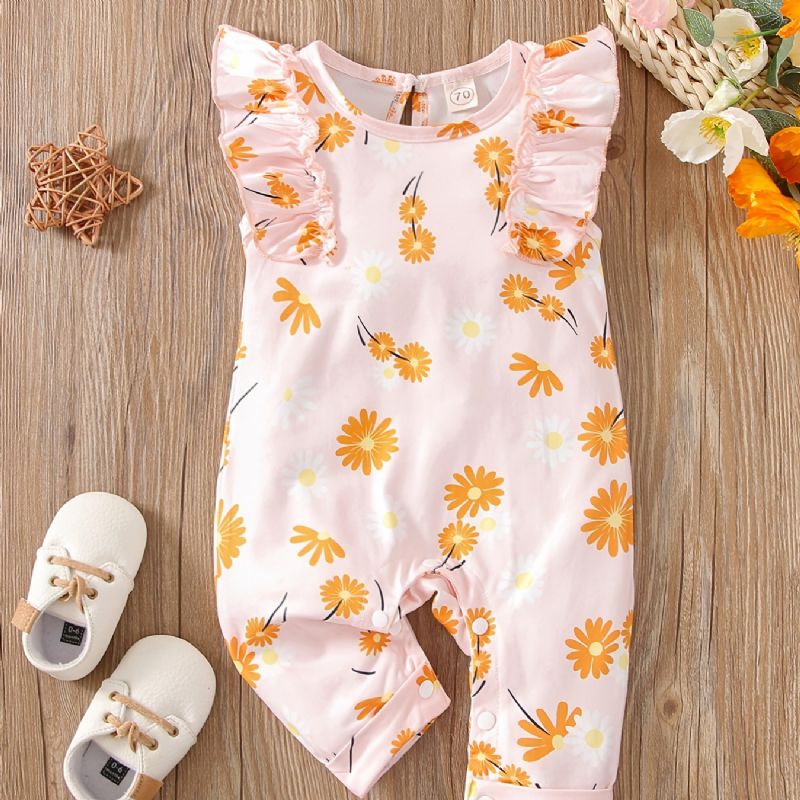 Baby Piger Flyvende Ærmer Blomst Print Romper Casual Crew Neck Jumpsuit