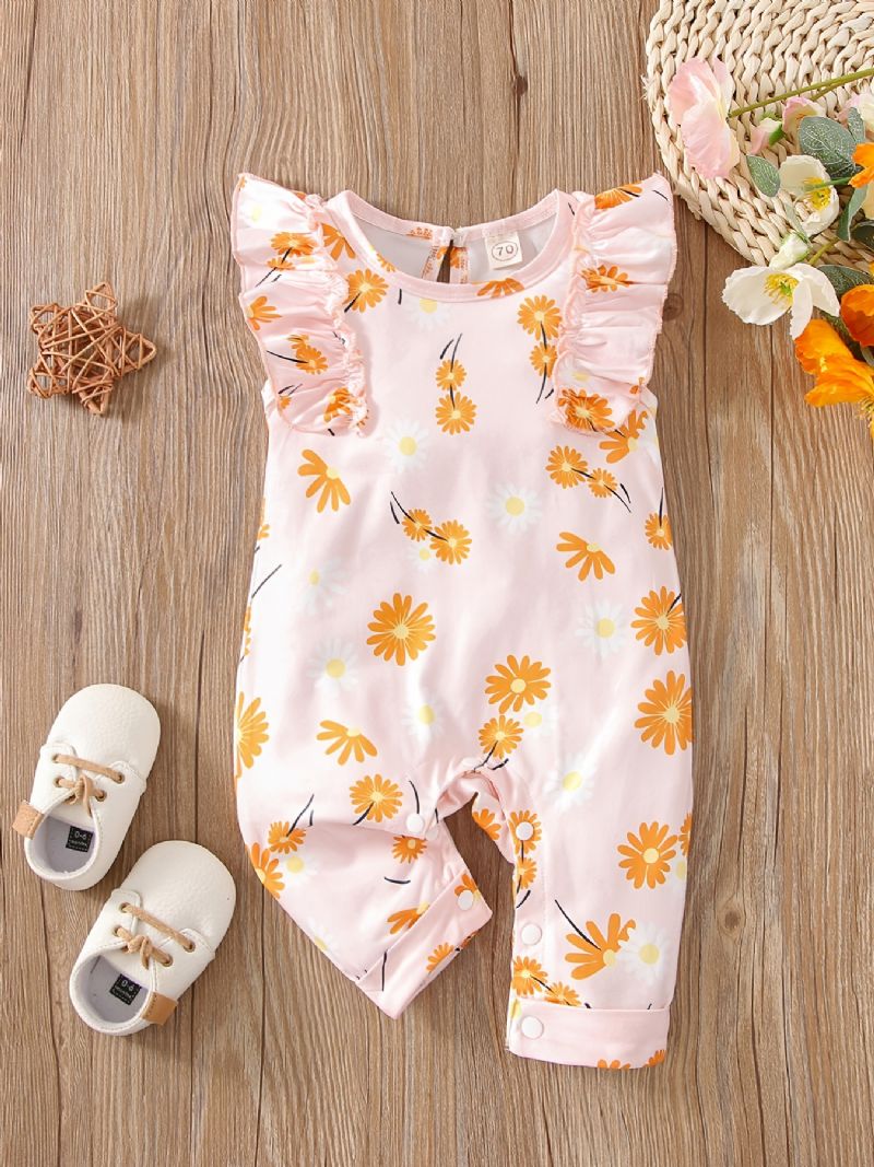 Baby Piger Flyvende Ærmer Blomst Print Romper Casual Crew Neck Jumpsuit