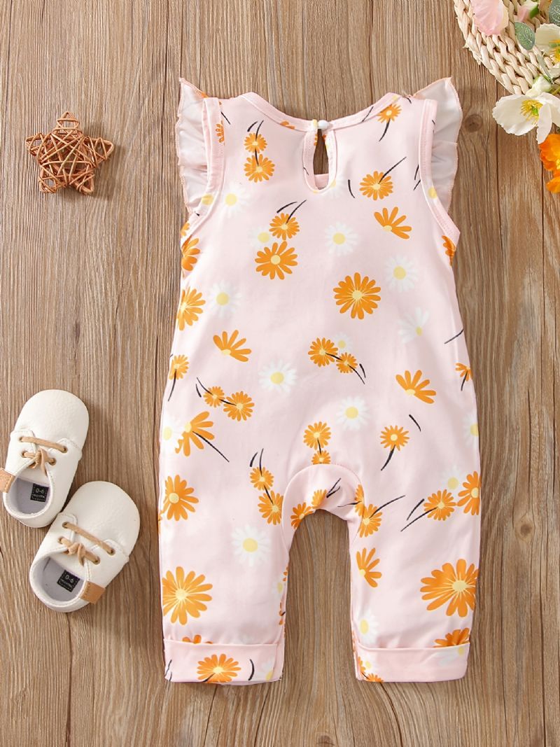 Baby Piger Flyvende Ærmer Blomst Print Romper Casual Crew Neck Jumpsuit