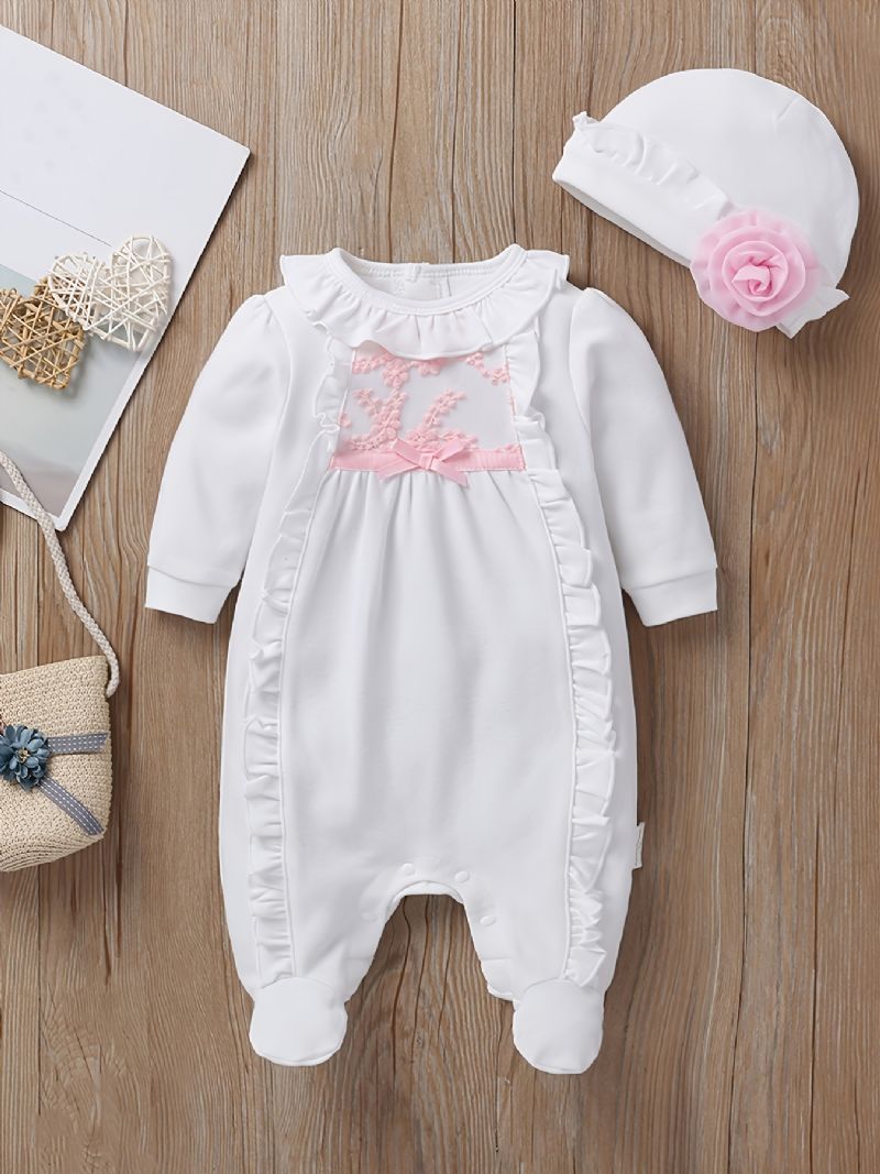 Baby Piger Footies Flæse Rund Hals Jumpsuit & Hatte Sæt Bukser Til Jul