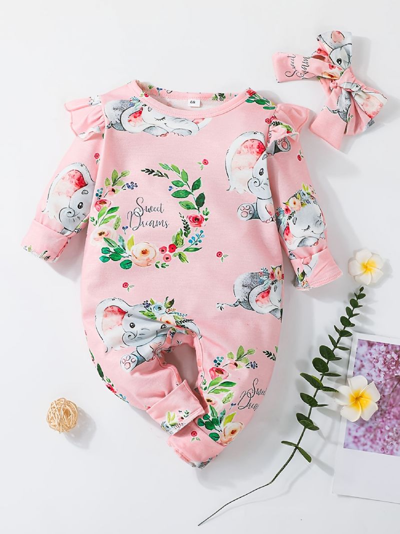 Baby Piger Langærmede Jumpsuits Med Blomster Elefant Print