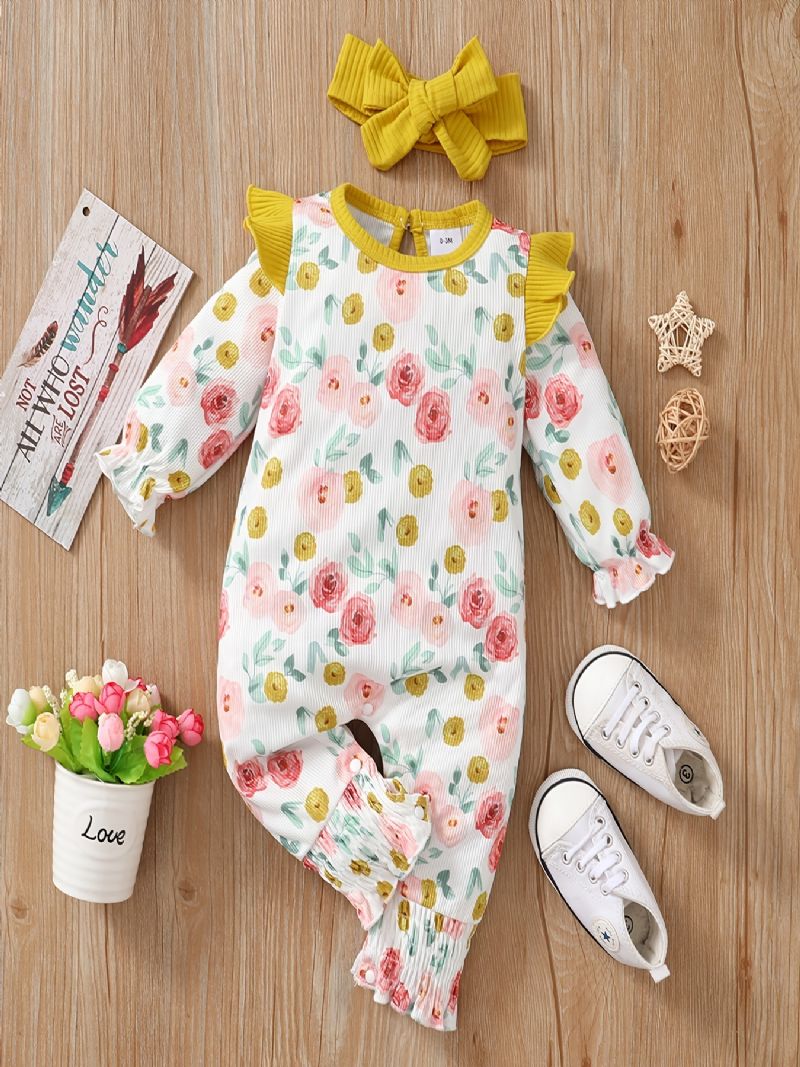 Baby Piger Langærmet Blomstret Jumpsuit + Pandebånd Sæt Romper Babytøj